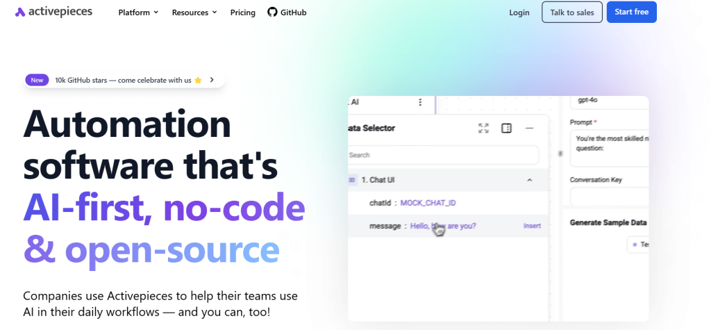Activepieces website showing text: AI- first, no-code & open-source