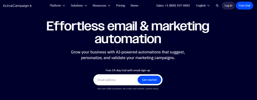 ActiveCampaign website displaying the "Effortless email & marketing automation" in bold.