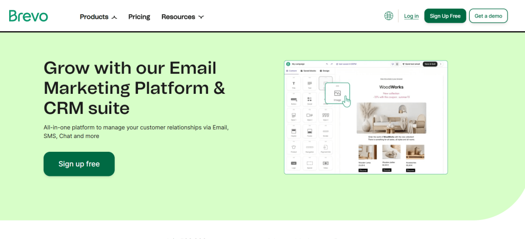 A Brevo website displaying the text "Grow with our email marketing platform & CRM suite" 