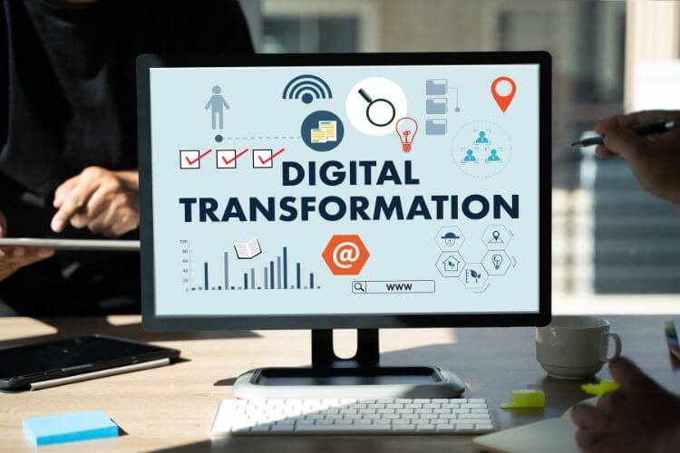 Importance of digital transformation in business: dashboard with KPIs, automation and workflow icons