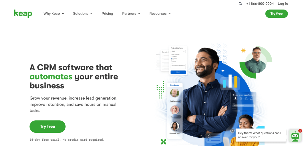 In Keap website screen a professional persons smiling with interactive interface elements. 
