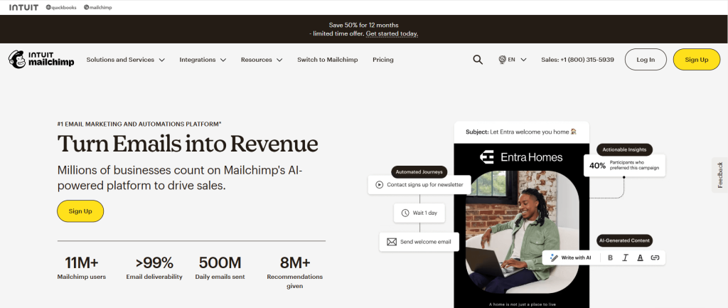 Mailchimp webpage highlighting the Email marketing and Automation Platform.