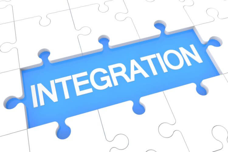 A puzzle pieces assembled, leaving a gap where blue piece represent the Integration in bold text