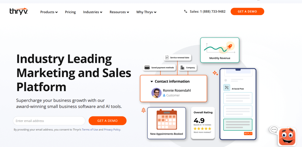 Thryv webpage showcasing features like contact info, monthly revenue, AI social post, and a high user overall rating of 4.9. 