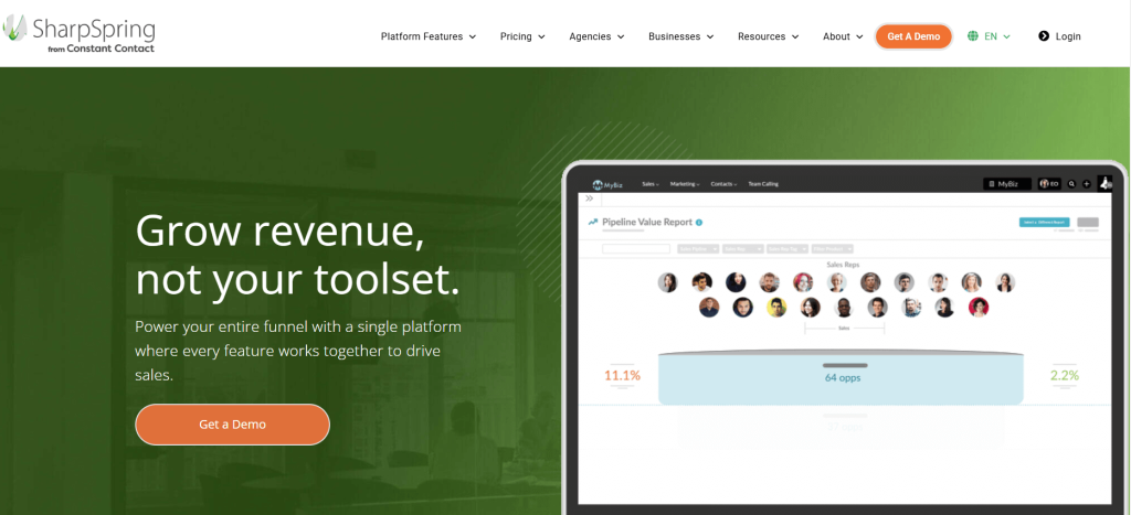 Green-themed webpage promoting SharpSpring platform for revenue growth.