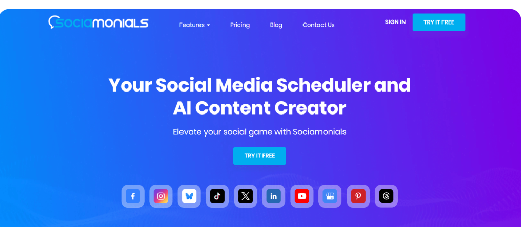 Sociamonials website displaying social media icons in the bottom