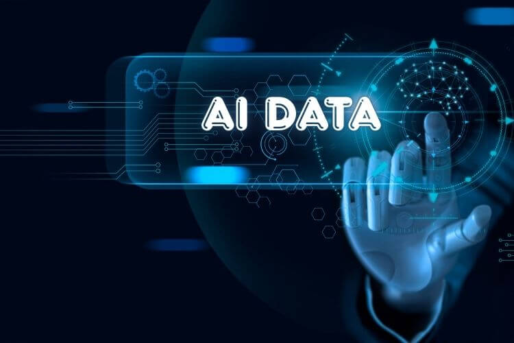 A blue-toned image features a robotic hand interacting with a virtual interface labeled "AI Data