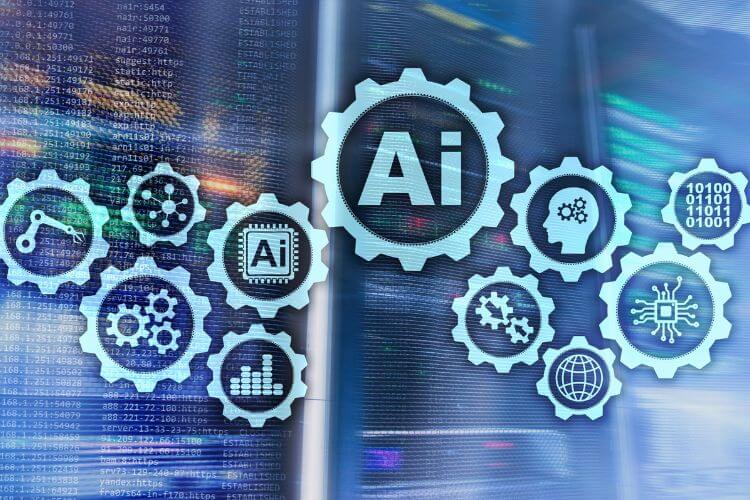 Futuristic image of silver gears labeled with AI symbols over a digital background.