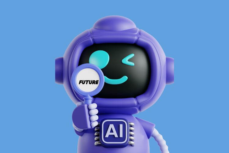 purple robot with a winking face holds a magnifying glass labeled "FUTURE" against a blue background