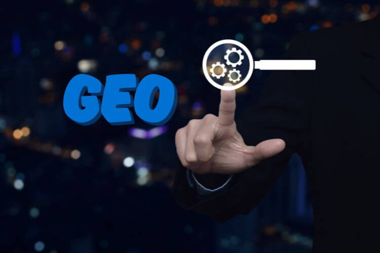 A person in a suit points at a magnifying glass icon with gears inside. The word "GEO" appears in bold blue letters