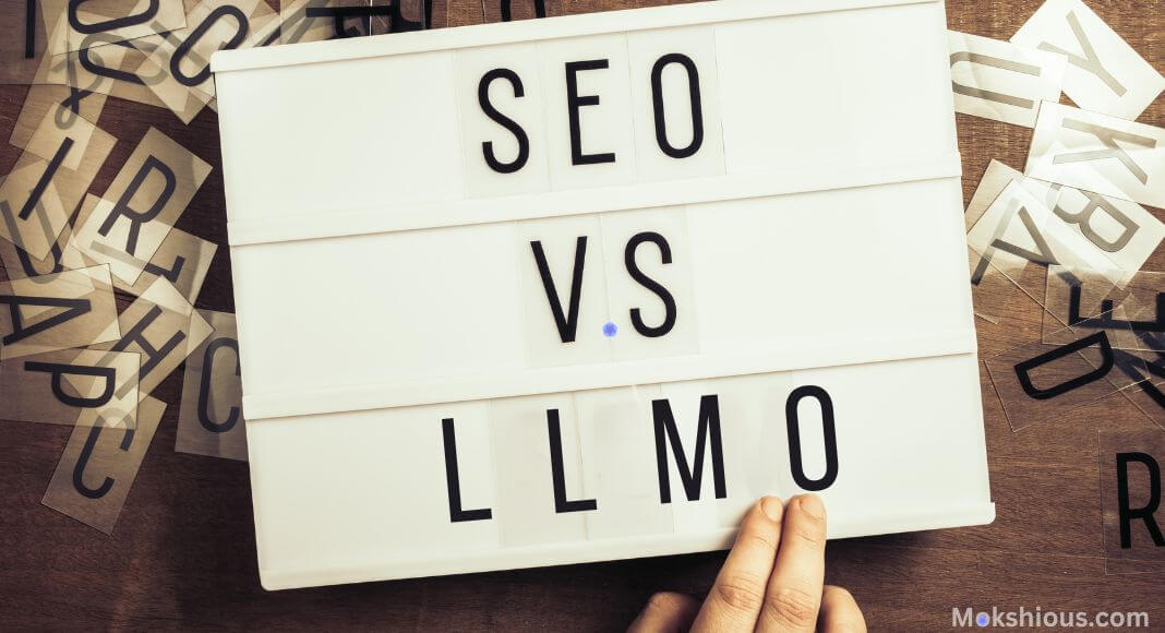 lightbox with black letters spelling "SEO vs LLMO" on a wooden table