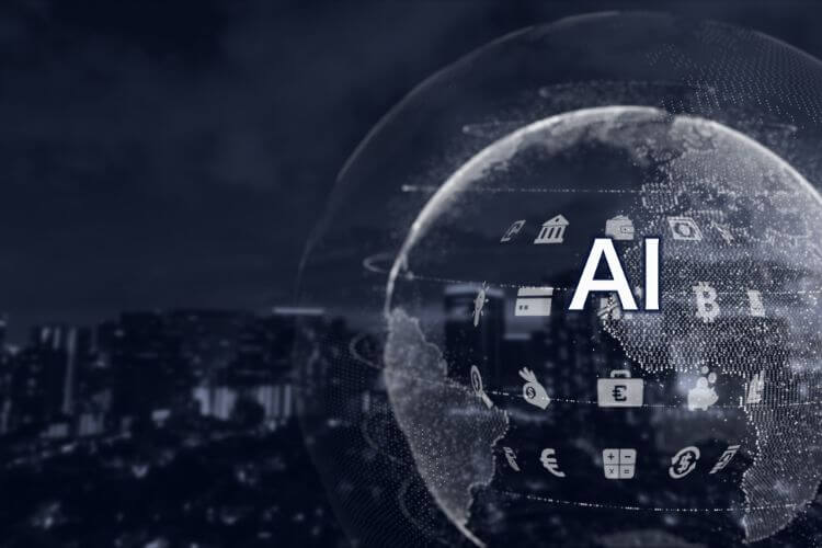 Global AI network visualizing artificial intelligence integration in finance and business sectors