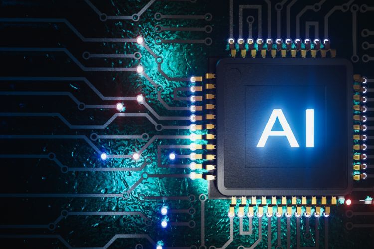 Microchip labeled AI on a circuit board symbolizing AI-powered lead generation technology
