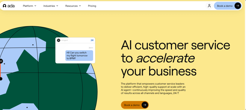 Ada AI chatbot website offering customer service automation for efficient business communication and support"
