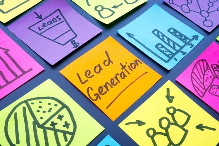 Colorful sticky notes with B2B lead generation funnel and strategy planning visuals