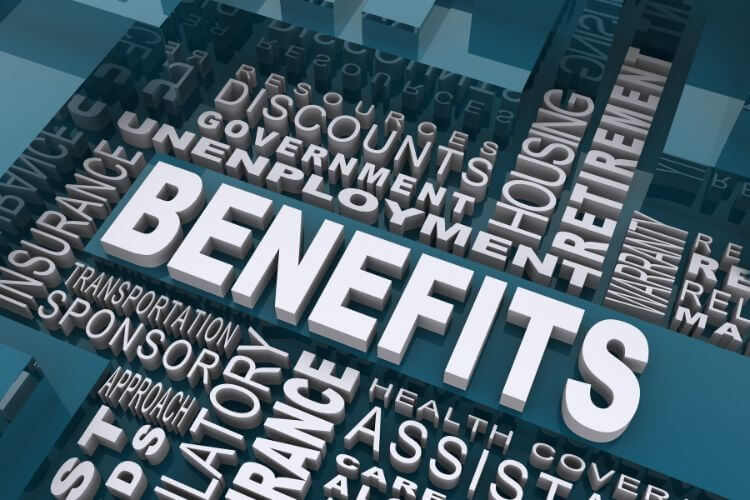 3D word cloud with 'BENEFITS' in bold letters emphasizing advantages of marketing automation for small businesses
