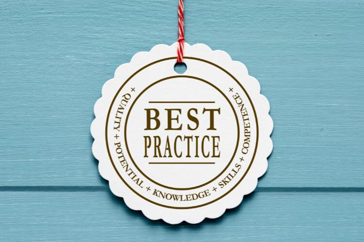 Hanging tag labeled 'Best Practice' emphasizing quality, skills, and knowledge in marketing automation
