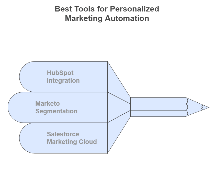 Diagram showing top tools for personalized marketing automation: HubSpot, Marketo, Salesforce