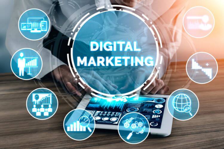 Tablet screen with digital marketing dashboard surrounded by analytics and online growth icons