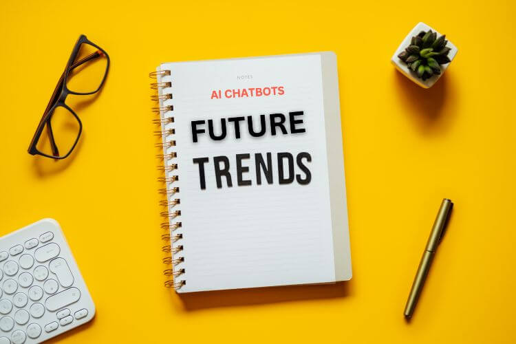 Notebook titled AI Chatbots Future Trends on yellow desk with tech accessories and minimalist workspace