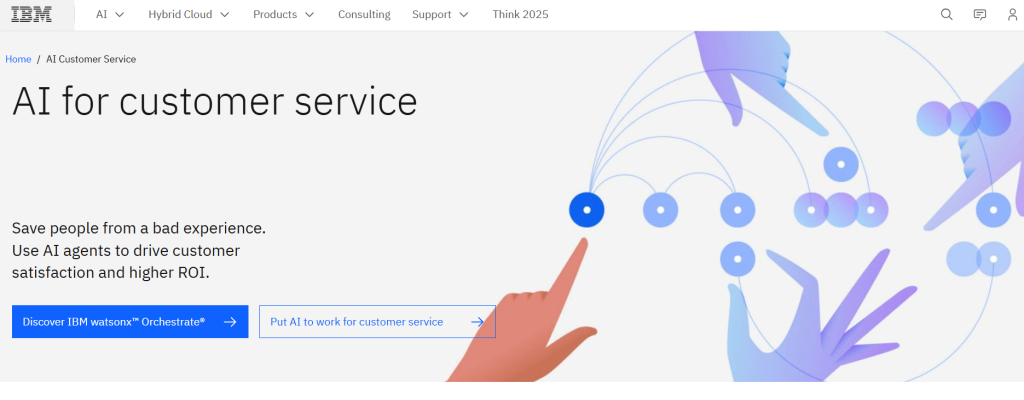 IBM Watson AI customer service page highlighting ROI-driven automation and AI-powered support tools