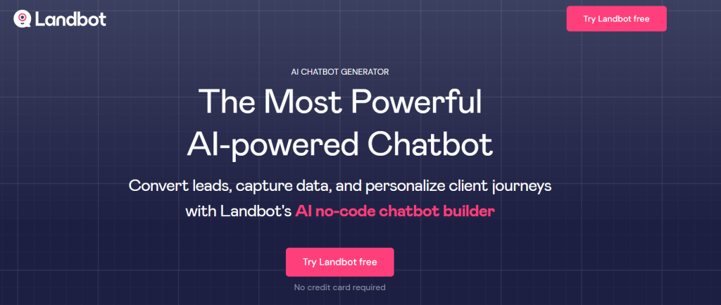 Landbot homepage promoting no-code AI chatbot builder for lead conversion and customer personalization"