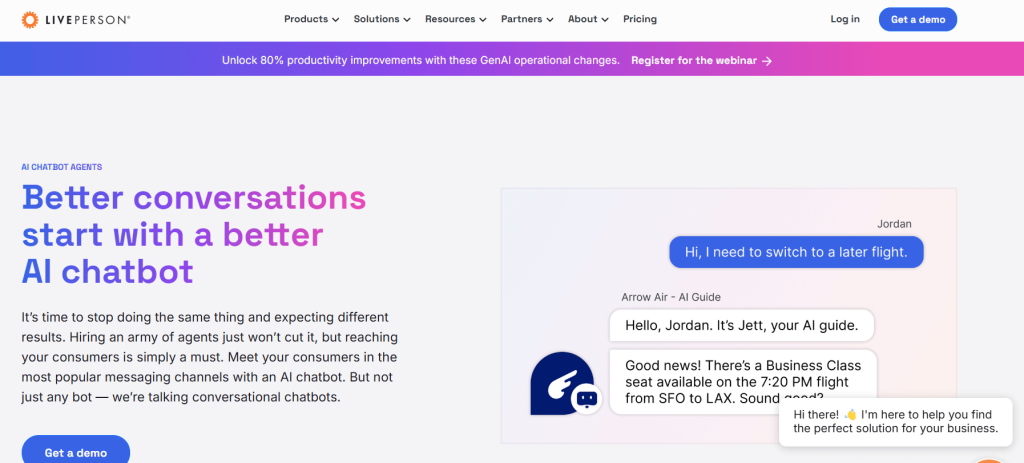 LivePerson AI chatbot interface for better customer conversations and flight booking automation