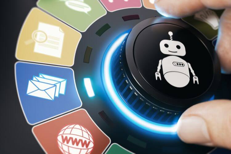 Hand turning dial with robot icon and digital marketing symbols representing marketing automation tools