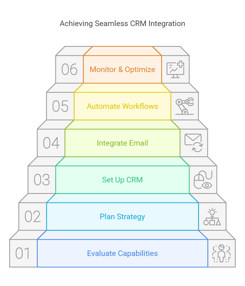 Six-step visual guide for CRM integration with stages like setup, email automation, and optimization