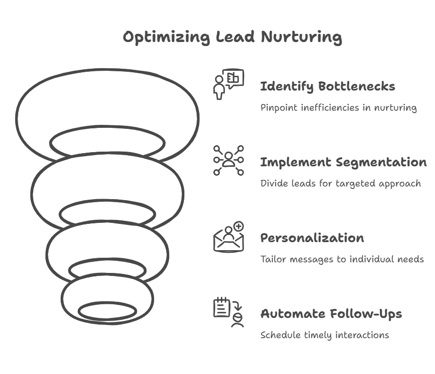 Visual funnel diagram with lead nurturing strategies like segmentation, follow-ups, and personalization