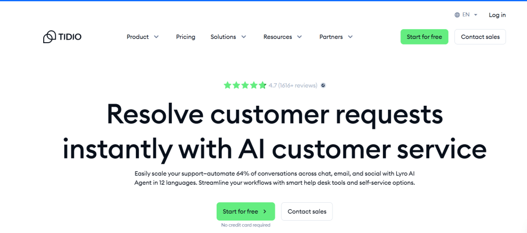 Tidio AI chatbot homepage showcasing automated customer service for chat, email, and social media support