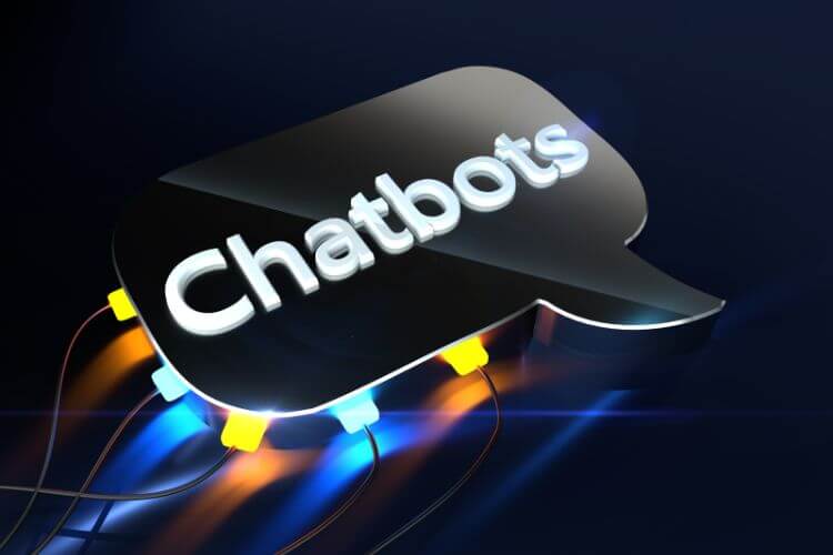 Futuristic 3D chatbot concept with glowing cables and speech bubble icon representing AI-powered virtual assistants
