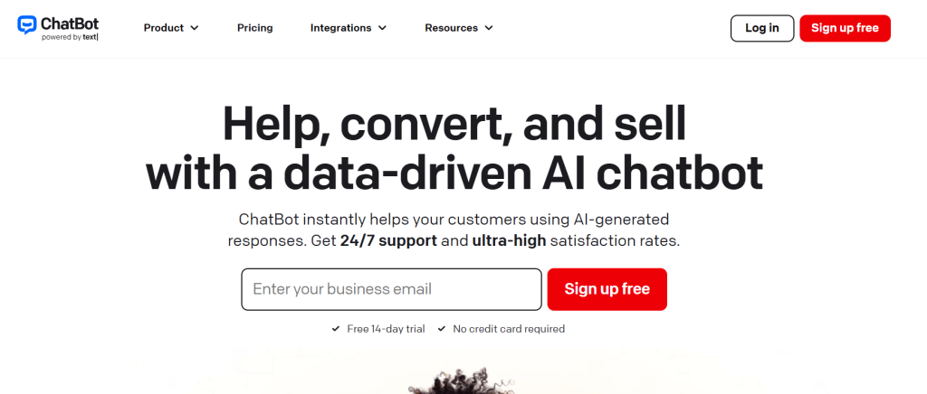 ChatBot.com homepage showcasing AI chatbot for 24/7 support, lead conversion, and sales automation