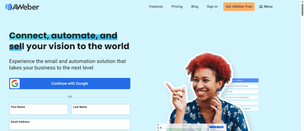 AWeber homepage screenshot showing “Connect, automate, sell” headline and sign-up form for email marketing platform.