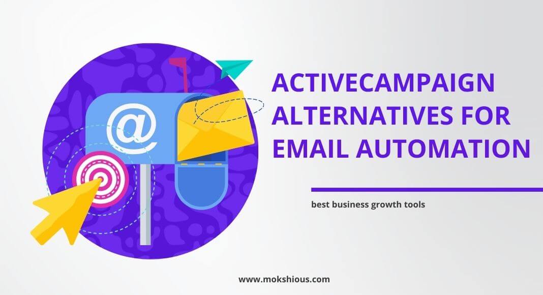 _Illustration of mailbox and email icons promoting ActiveCampaign alternatives for email automation, Mokshious branding.