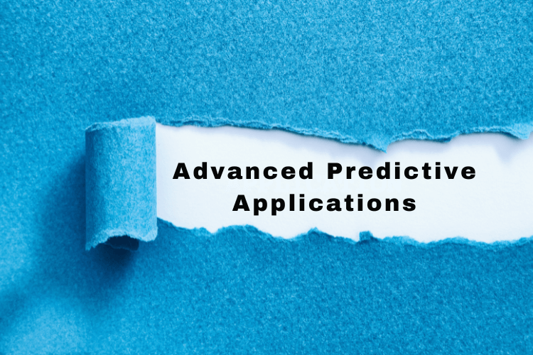 Blue background revealing text "Advanced Predictive Applications" for data-driven marketing solutions.