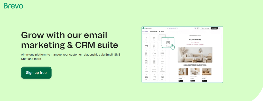 Brevo landing page highlighting all-in-one email marketing and CRM suite with green “Sign up free” button.