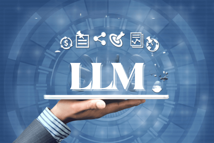Businessman holding tablet with LLM concept icons for AI, analytics, and marketing optimization.