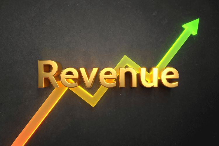 3D golden “Revenue” text with upward arrow indicating increased customer acquisition and business growth.