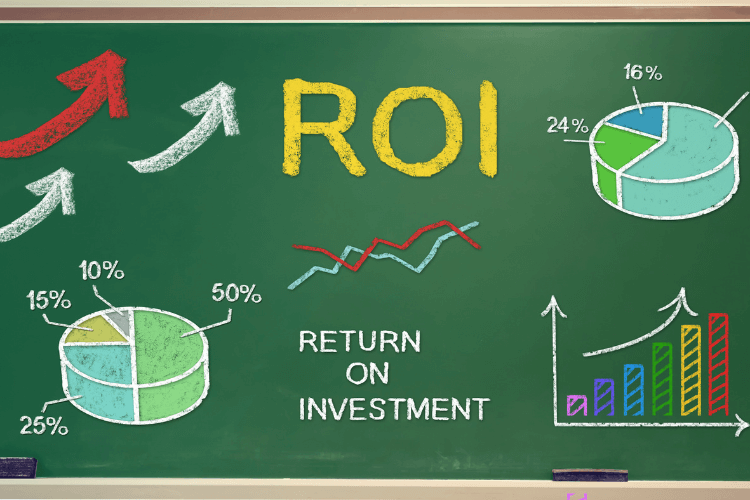 ROI board with pie charts and upward graphs for measuring return on investment in digital marketing.