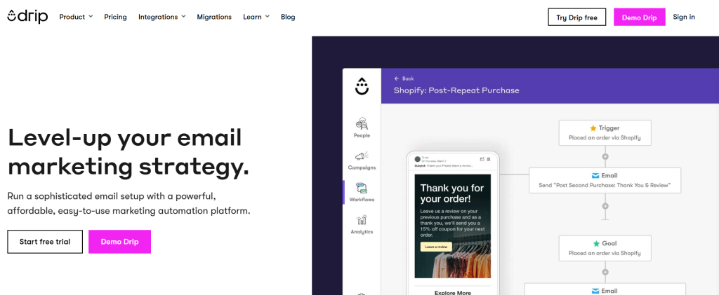 Drip landing page featuring workflow builder screenshot and “Level-up your email marketing strategy” headline.