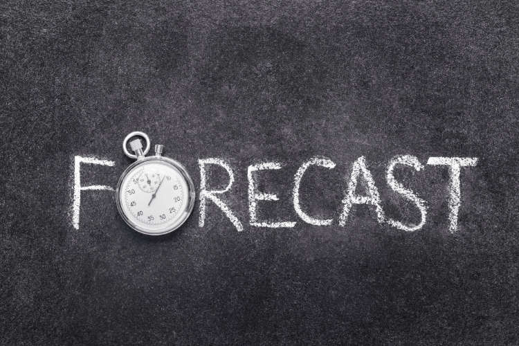 topwatch on blackboard next to word "Forecast" indicating data-driven campaign performance predictions.