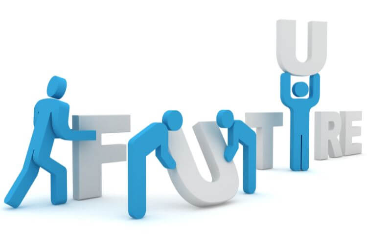 3D blue human figures assembling the word “FUTURE,” symbolizing B2B innovation and growth