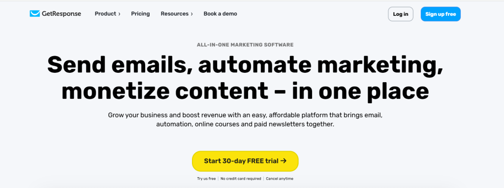 GetResponse banner emphasizing send emails, automate marketing, monetize content with 30-day free trial.
