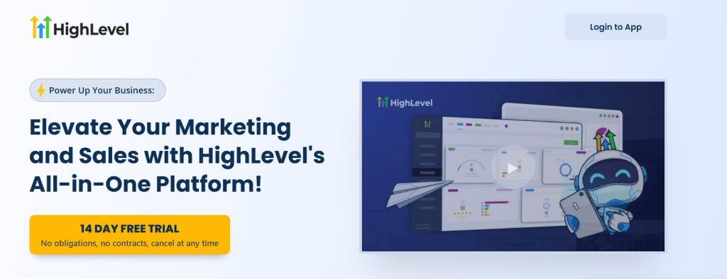 GoHighLevel hero showing all-in-one marketing and sales platform offer with 14-day free trial badge.