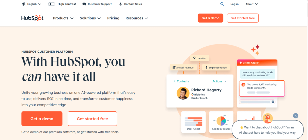 HubSpot customer platform page illustrating AI-powered CRM tools with Get a demo and Get started free buttons.