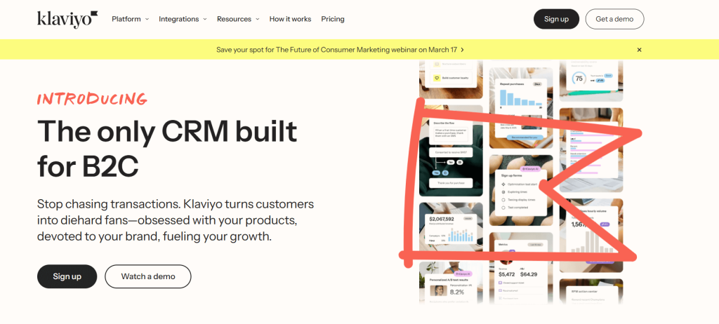 Klaviyo intro page announcing CRM built for B2C with bold headline and red arrow over product screenshots.