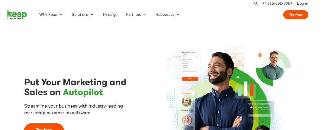 Keap hero image inviting users to put marketing and sales on autopilot with industry-leading automation software.