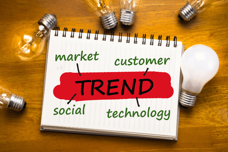 Notepad labeled “Trend” with keywords market, customer, social, and technology surrounded by light bulbs.
