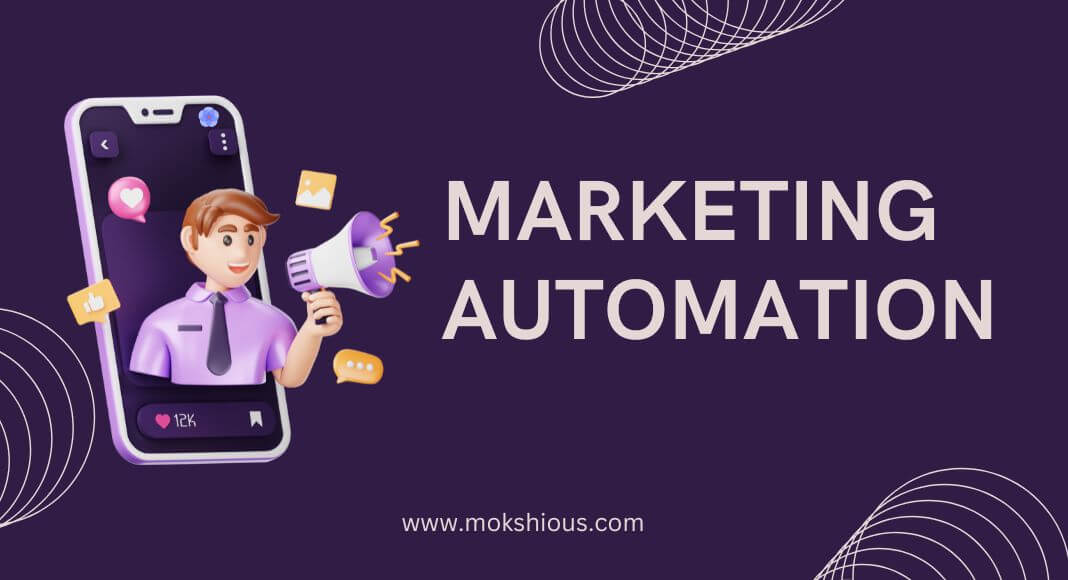 3D marketing professional emerging from smartphone with icons for automation, likes, and engagement